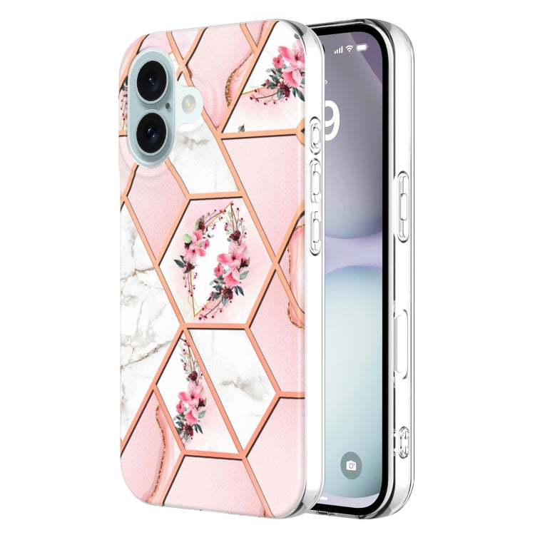 For iPhone 16 Splicing Marble Flower IMD TPU Phone Case(Pink Flower) - iPhone 16 Cases by PMC TechLife | Online Shopping South Africa | PMC TechLife | Buy Now Pay Later Mobicred