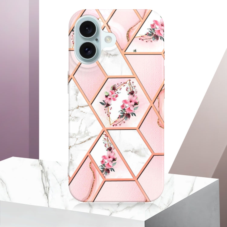 For iPhone 16 Splicing Marble Flower IMD TPU Phone Case(Pink Flower) - iPhone 16 Cases by PMC Jewellery | Online Shopping South Africa | PMC Jewellery | Buy Now Pay Later Mobicred