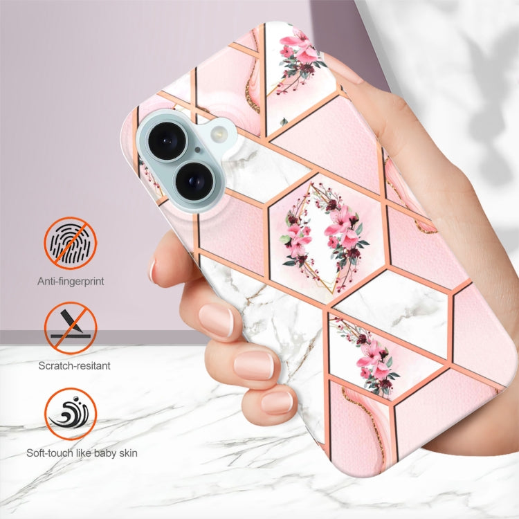 For iPhone 16 Splicing Marble Flower IMD TPU Phone Case(Pink Flower) - iPhone 16 Cases by PMC TechLife | Online Shopping South Africa | PMC TechLife | Buy Now Pay Later Mobicred