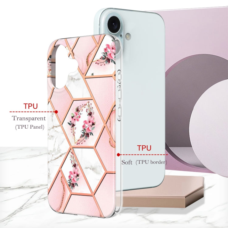For iPhone 16 Splicing Marble Flower IMD TPU Phone Case(Pink Flower) - iPhone 16 Cases by PMC TechLife | Online Shopping South Africa | PMC TechLife | Buy Now Pay Later Mobicred