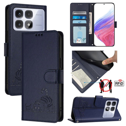 For Redmi K70 Ultra 5G Global Cat Rat Embossed Pattern RFID Leather Phone Case with Lanyard(Blue) - Xiaomi Cases by PMC Jewellery | Online Shopping South Africa | PMC Jewellery | Buy Now Pay Later Mobicred