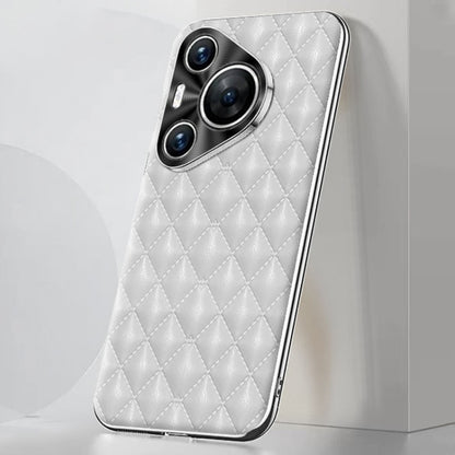 For Huawei Pura 70 Pro / 70 Pro+ Silver Edge Rhombic Texture PU Leather Phone Case(White) - Huawei Cases by PMC Jewellery | Online Shopping South Africa | PMC Jewellery | Buy Now Pay Later Mobicred