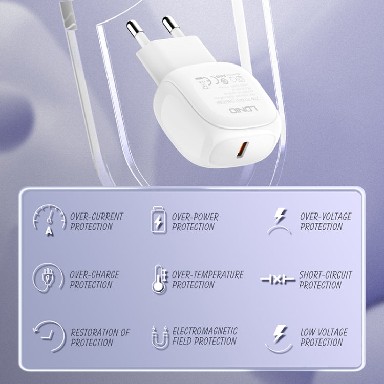 LDNIO A1206C PD27W USB-C / Type-C Fast Charger with 1m 8 Pin Cable, Plug Type:EU Plug(White) - free shipping - PMC Jewellery - Order now!
