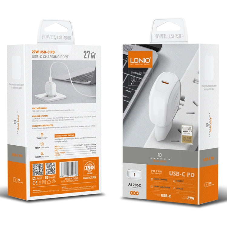 LDNIO A1206C PD27W USB-C / Type-C Fast Charger with 1m Type-C Cable, Plug Type:EU Plug(White) - free shipping - PMC TechLife - Order now!