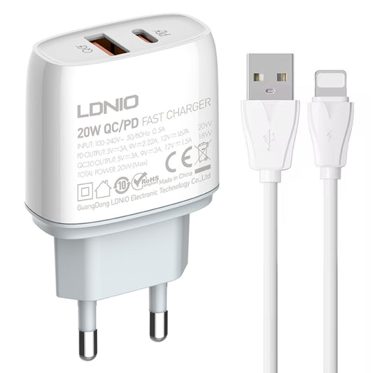 LDNIO Q229 QC3.0 / PD20W USB + Type-C Fast Charger with 1m USB to 8 Pin Cable, Plug Type:EU Plug(White) - USB Charger by LDNIO | Online Shopping South Africa | PMC Jewellery | Buy Now Pay Later Mobicred