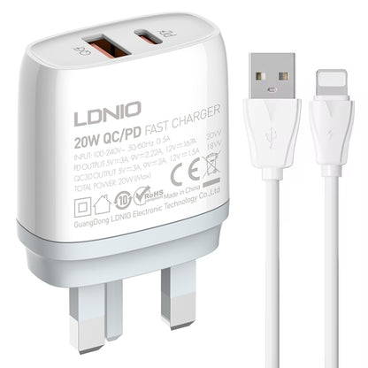 LDNIO Q229 QC3.0 / PD20W USB + Type-C Fast Charger with 1m USB to 8 Pin Cable, Plug Type:UK Plug(White) - USB Charger by LDNIO | Online Shopping South Africa | PMC Jewellery | Buy Now Pay Later Mobicred