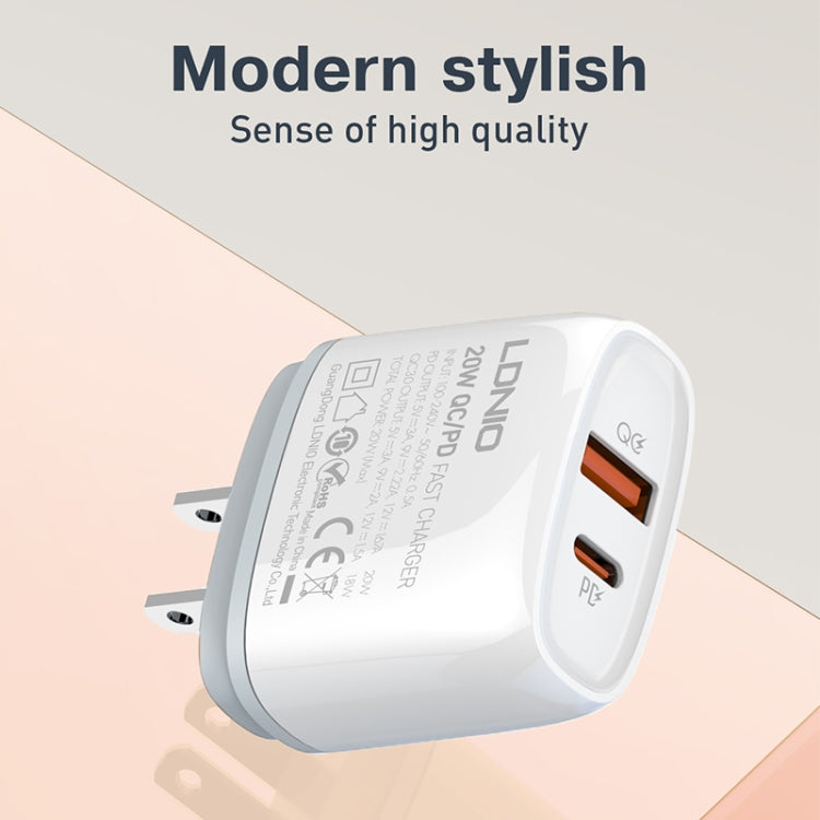 LDNIO Q229 QC3.0 / PD20W USB + Type-C Fast Charger with 1m USB to 8 Pin Cable, Plug Type:US Plug(White) - USB Charger by LDNIO | Online Shopping South Africa | PMC Jewellery | Buy Now Pay Later Mobicred