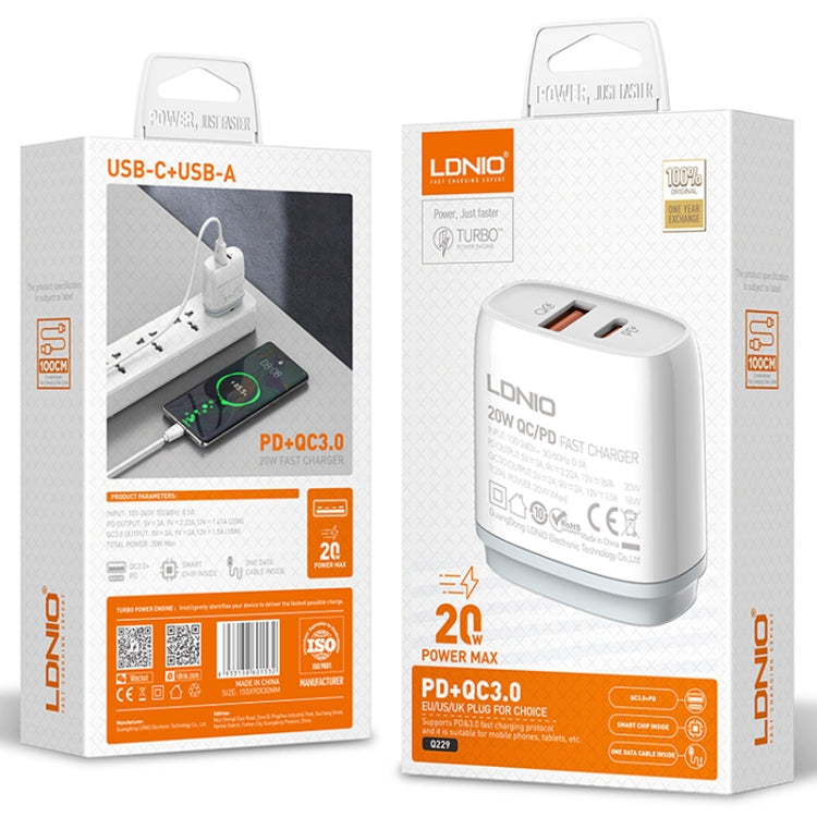 LDNIO Q229 QC3.0 / PD20W USB + Type-C Fast Charger with 1m USB to Micro USB Cable, Plug Type:US Plug(White) - free shipping - PMC TechLife - Order now!