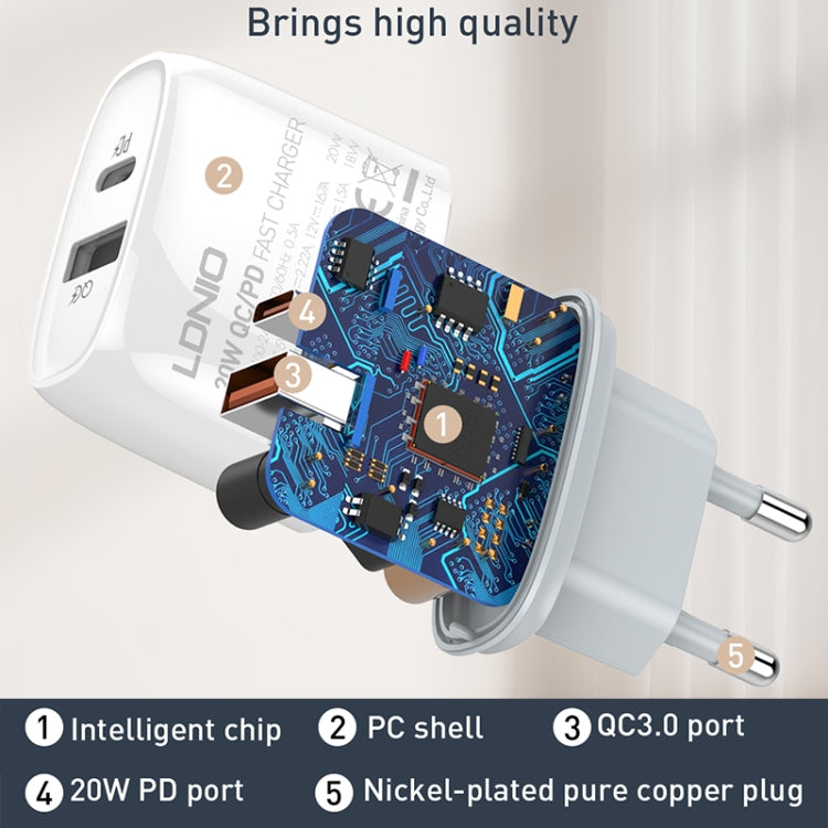 LDNIO Q229 QC3.0 / PD20W USB + Type-C Fast Charger with 1m Type-C to 8 Pin Cable, Plug Type:EU Plug(White) - USB Charger by LDNIO | Online Shopping South Africa | PMC Jewellery | Buy Now Pay Later Mobicred