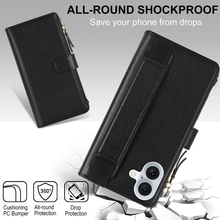 For iPhone 16 Wristband Holder Zipper Purse RFID Leather Phone Case(Black) - iPhone 16 Cases by PMC TechLife | Online Shopping South Africa | PMC TechLife | Buy Now Pay Later Mobicred