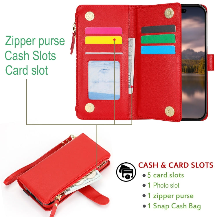 For iPhone 16 Plus Wristband Holder Zipper Purse RFID Leather Phone Case(Red) - iPhone 16 Plus Cases by PMC Jewellery | Online Shopping South Africa | PMC Jewellery | Buy Now Pay Later Mobicred