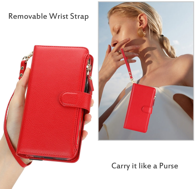 For iPhone 16 Plus Wristband Holder Zipper Purse RFID Leather Phone Case(Red) - iPhone 16 Plus Cases by PMC Jewellery | Online Shopping South Africa | PMC Jewellery | Buy Now Pay Later Mobicred