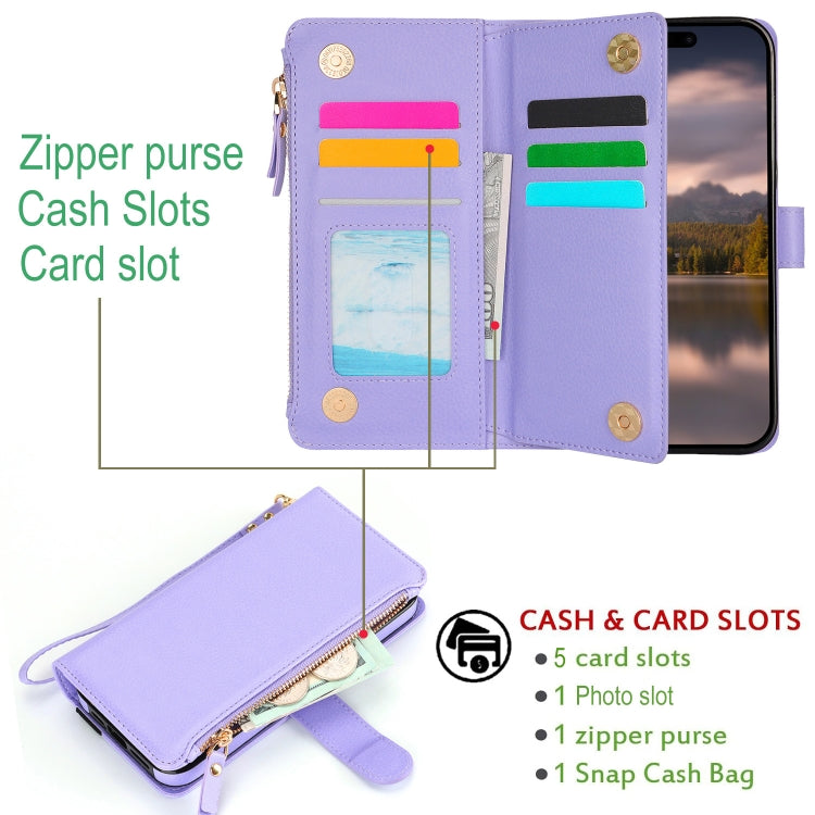 For iPhone 16 Pro Wristband Holder Zipper Purse RFID Leather Phone Case(Purple) - iPhone 16 Pro Cases by PMC Jewellery | Online Shopping South Africa | PMC Jewellery | Buy Now Pay Later Mobicred