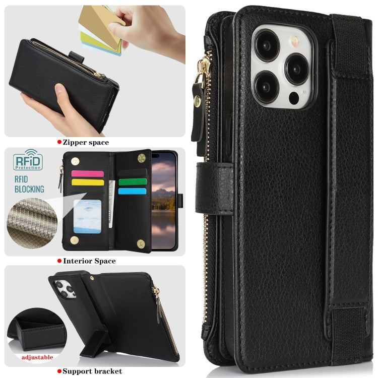 For iPhone 16 Pro Max Wristband Holder Zipper Purse RFID Leather Phone Case(Black) -  by PMC Jewellery | Online Shopping South Africa | PMC Jewellery | Buy Now Pay Later Mobicred