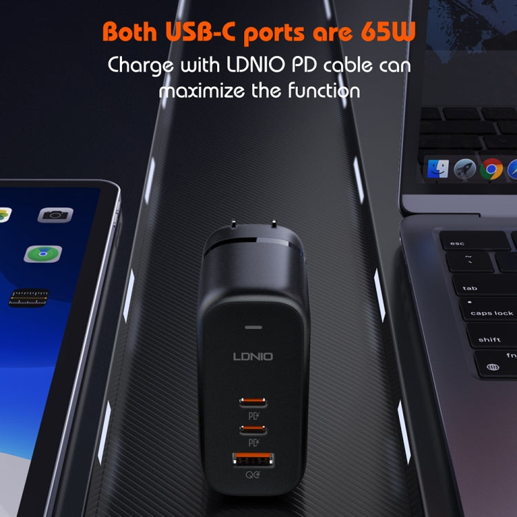 LDNIO Q366 65W USB + Dual Type-C Port Charger with 1m USB-C / Type-C to USB-C / Type-C Data Cable, Plug Type:UK Plug(Black) - USB Charger by LDNIO | Online Shopping South Africa | PMC Jewellery | Buy Now Pay Later Mobicred