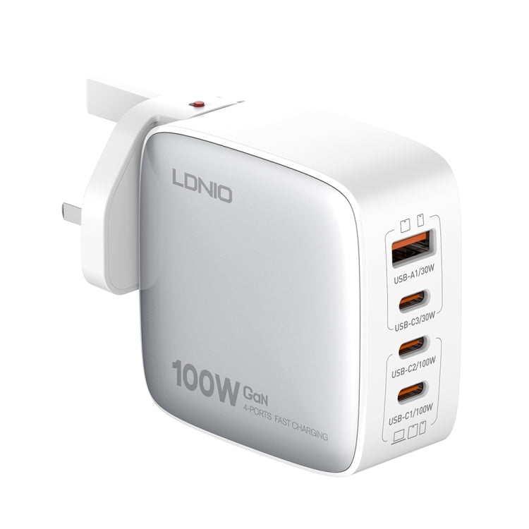 LDNIO Q408 100W GaN USB+3 USB-C / Type-C Interface Charger with 1m 100W USB-C / Type-C to USB-C / Type-C Data Cable, Plug Type:UK Plug(White) - USB Charger by LDNIO | Online Shopping South Africa | PMC Jewellery | Buy Now Pay Later Mobicred