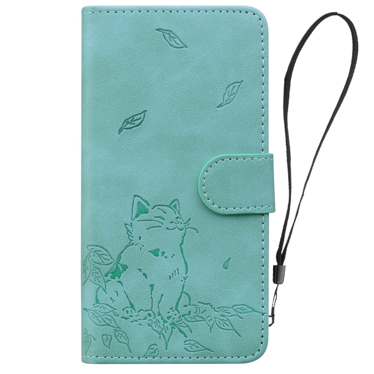 For iPhone 16e Cute Cat Embossed Leather Phone Case(Green) - iPhone 16e Cases by PMC TechLife | Online Shopping South Africa | PMC TechLife | Buy Now Pay Later Mobicred
