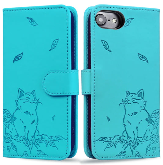 For iPhone 16e Cute Cat Embossed Leather Phone Case(Lake Blue) - iPhone 16e Cases by PMC Jewellery | Online Shopping South Africa | PMC Jewellery | Buy Now Pay Later Mobicred