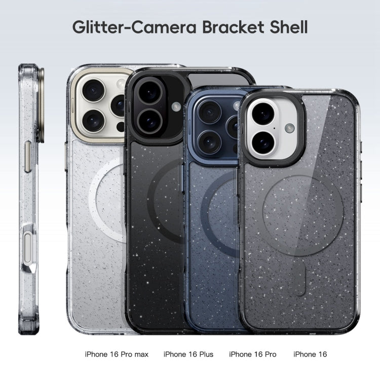 For iPhone 16 Glitter Powder Lens Holder MagSafe Magnetic Phone Case(Transparent Black) - iPhone 16 Cases by PMC Jewellery | Online Shopping South Africa | PMC Jewellery | Buy Now Pay Later Mobicred