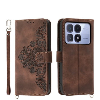 For Redmi K70 Ultra Skin Feel Flowers Embossed Wallet Leather Phone Case(Brown) - Xiaomi Cases by PMC Jewellery | Online Shopping South Africa | PMC Jewellery | Buy Now Pay Later Mobicred