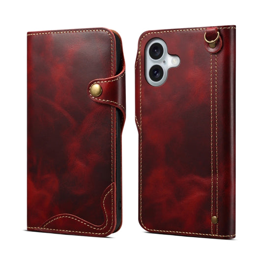 For iPhone 16 Denior B01 Oil Wax Cowhide Magnetic Button Genuine Leather Case(Red) - iPhone 16 Cases by Denior | Online Shopping South Africa | PMC Jewellery | Buy Now Pay Later Mobicred