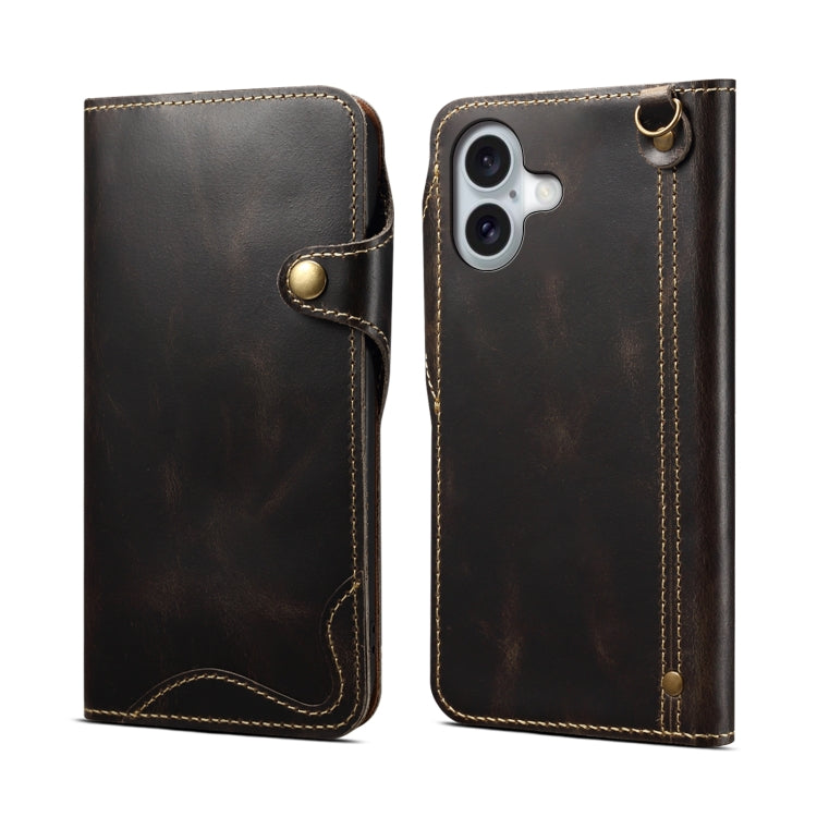 For iPhone 16 Denior B01 Oil Wax Cowhide Magnetic Button Genuine Leather Case(Black) - free shipping - PMC Jewellery - Order now!