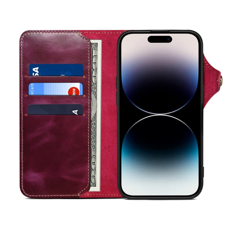 For iPhone 16 Pro Denior B01 Oil Wax Cowhide Magnetic Button Genuine Leather Case(Purple) - iPhone 16 Pro Cases by Denior | Online Shopping South Africa | PMC Jewellery | Buy Now Pay Later Mobicred