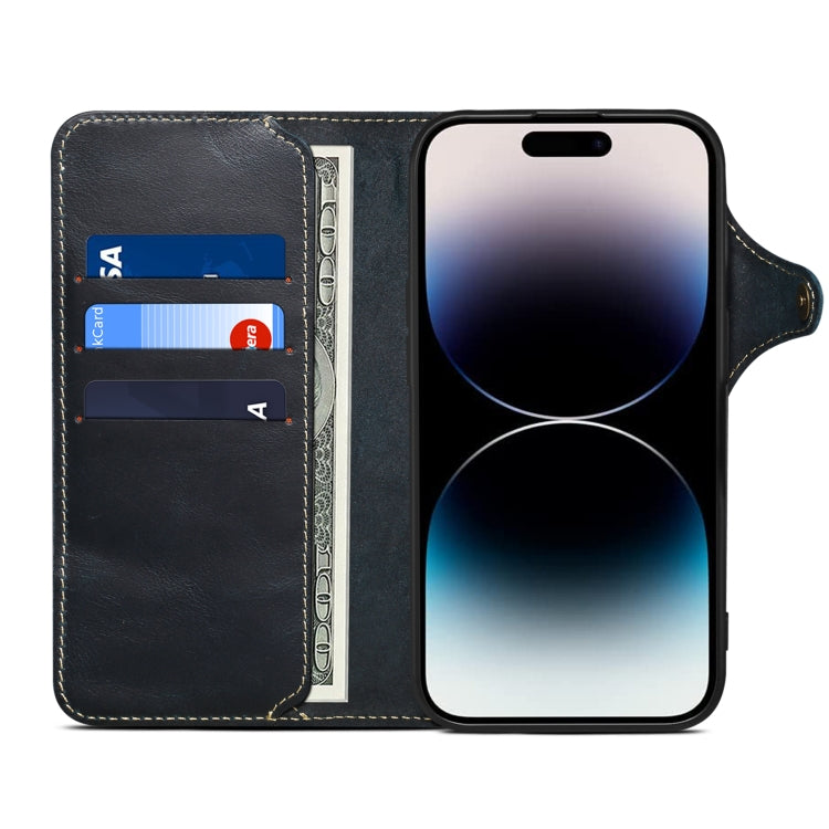 For iPhone 16 Pro Denior B01 Oil Wax Cowhide Magnetic Button Genuine Leather Case(Blue) - iPhone 16 Pro Cases by Denior | Online Shopping South Africa | PMC Jewellery | Buy Now Pay Later Mobicred