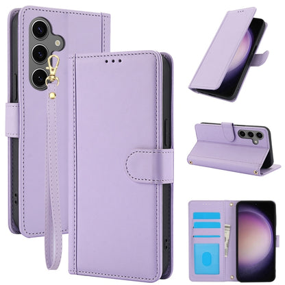 For Samsung Galaxy S25 5G Skin Feel Pure Color Card Slots Leather Phone Case with Dual Lanyard(Purple) - Galaxy S25 5G Cases by PMC Jewellery | Online Shopping South Africa | PMC Jewellery | Buy Now Pay Later Mobicred