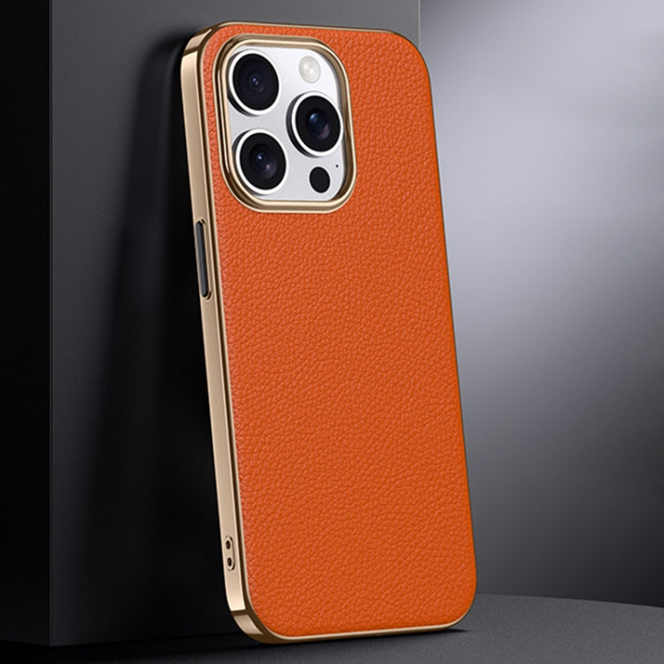 For iPhone 16 Pro Max First Layer Cowhide Leather Electroplated PC Phone Case(Orange) - iPhone 16 Pro Max Cases by PMC Jewellery | Online Shopping South Africa | PMC Jewellery | Buy Now Pay Later Mobicred