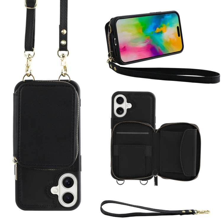 For iPhone 16 Crossbody Zipper Wallet Bag Leather Phone Case with Lanyard(Black) - iPhone 16 Cases by PMC Jewellery | Online Shopping South Africa | PMC Jewellery | Buy Now Pay Later Mobicred