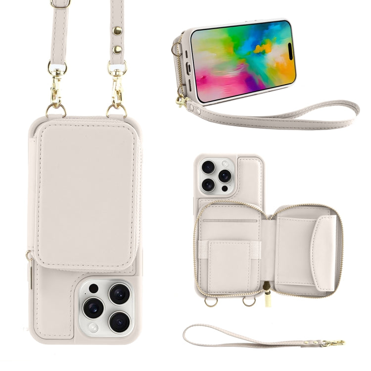 For iPhone 16 Pro Max Crossbody Zipper Wallet Bag Leather Phone Case with Lanyard(White) - iPhone 16 Pro Max Cases by PMC Jewellery | Online Shopping South Africa | PMC Jewellery | Buy Now Pay Later Mobicred