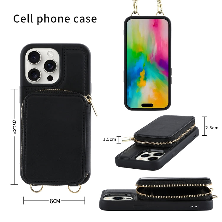 For iPhone 16 Crossbody Zipper Wallet Bag Leather Phone Case with Lanyard(Black) - iPhone 16 Cases by PMC Jewellery | Online Shopping South Africa | PMC Jewellery | Buy Now Pay Later Mobicred