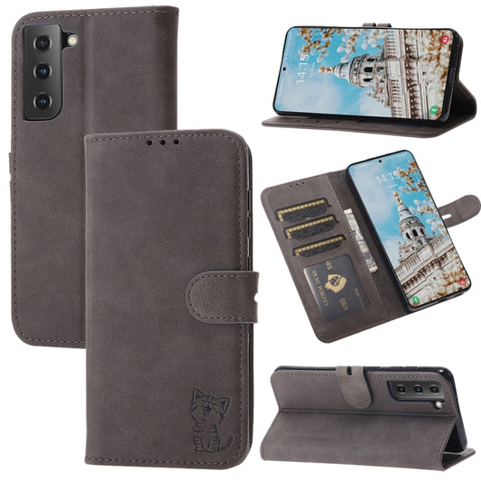 For Samsung Galaxy S25 5G Embossed Happy Cat Pattern Flip Leather Phone Case(Grey) - Galaxy S25 5G Cases by PMC Jewellery | Online Shopping South Africa | PMC Jewellery | Buy Now Pay Later Mobicred