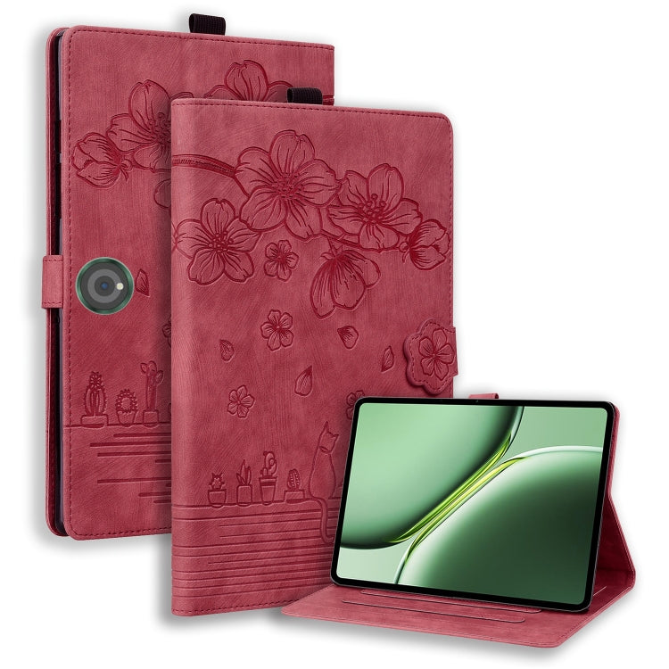 For OnePlus Pad / Pad Pro 12.1 Cartoon Sakura Cat Embossed Leather Tablet Case(Red) - Others by PMC TechLife | Online Shopping South Africa | PMC TechLife | Buy Now Pay Later Mobicred