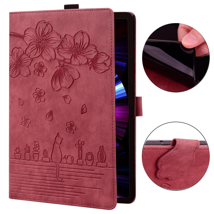 For OnePlus Pad / Pad Pro 12.1 Cartoon Sakura Cat Embossed Leather Tablet Case(Red) - Others by PMC TechLife | Online Shopping South Africa | PMC TechLife | Buy Now Pay Later Mobicred