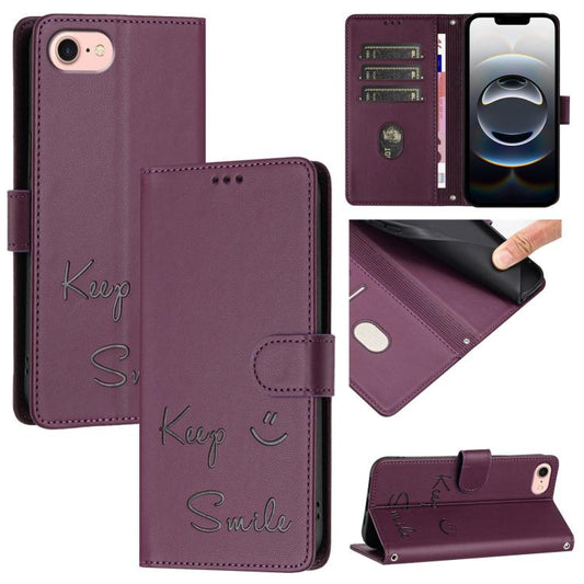 For iPhone 16e Smile Embossing RFID Leather Phone Case(Violet) - iPhone 16e Cases by PMC Jewellery | Online Shopping South Africa | PMC Jewellery | Buy Now Pay Later Mobicred