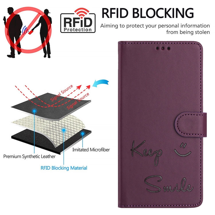 For iPhone 16e Smile Embossing RFID Leather Phone Case(Violet) - iPhone 16e Cases by PMC TechLife | Online Shopping South Africa | PMC TechLife | Buy Now Pay Later Mobicred