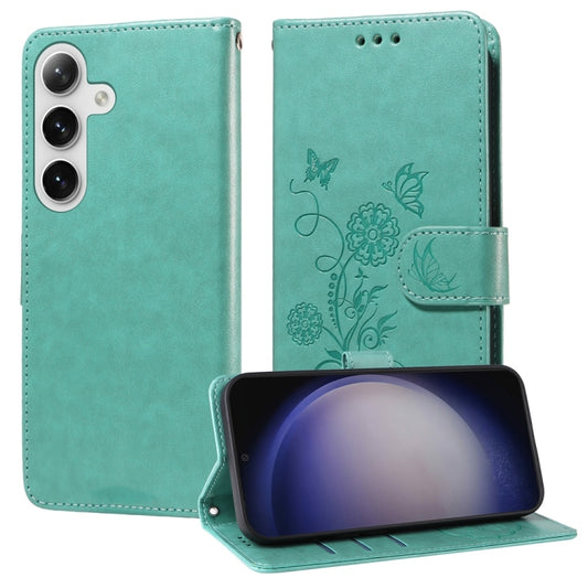 For Samsung Galaxy S25+ 5G Embossed Butterfly Flowers Leather Phone Case(Green) - Galaxy S25+ 5G Cases by PMC Jewellery | Online Shopping South Africa | PMC Jewellery | Buy Now Pay Later Mobicred