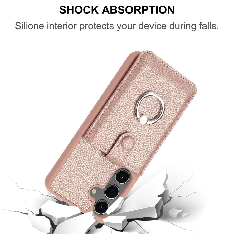 For Samsung Galaxy S25 5G Litchi Texture Drawing Card Bag Ring Holder Phone Case(Brown) - Galaxy S25 5G Cases by PMC Jewellery | Online Shopping South Africa | PMC Jewellery | Buy Now Pay Later Mobicred
