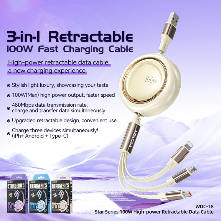 WK WDC-18 Star Series 1.2m 100W USB to 8 Pin / Type-C / Micro USB Retractable Data Cable(Purple) - Multifunction Cable by WK | Online Shopping South Africa | PMC Jewellery | Buy Now Pay Later Mobicred