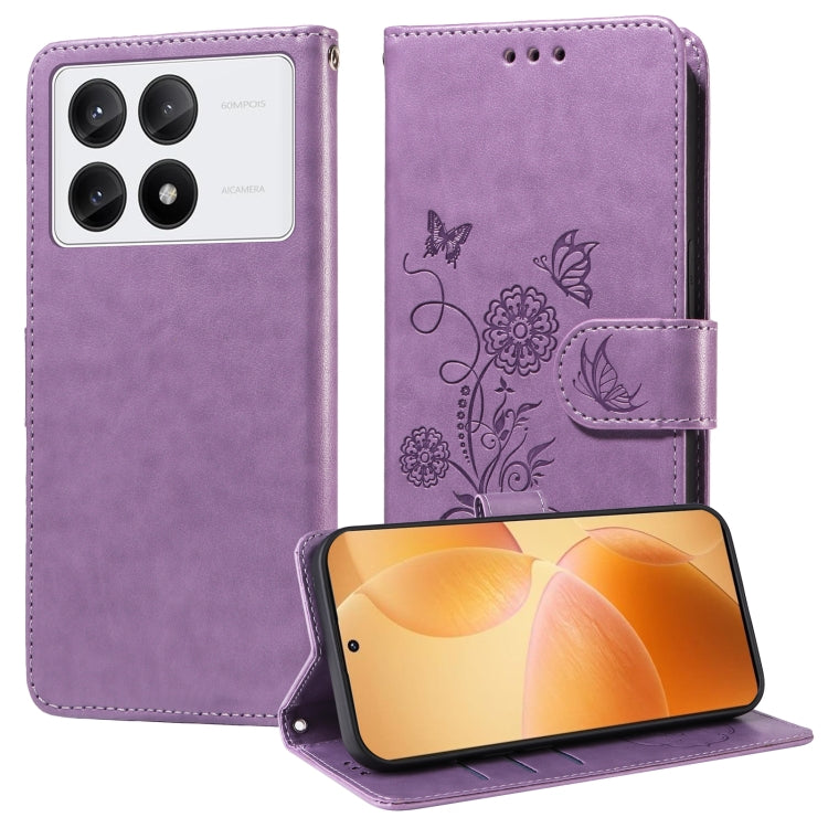 For Redmi K70 / K70 Pro Embossed Butterfly Flowers Leather Phone Case(Purple) - K70 Cases by PMC Jewellery | Online Shopping South Africa | PMC Jewellery | Buy Now Pay Later Mobicred