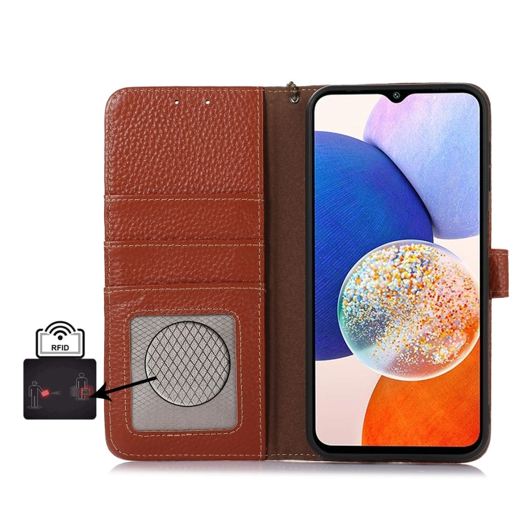 For Motorola Edge 50 Neo Genuine Leather Litchi Texture RFID Leather Phone Case(Coffee) - Motorola Cases by PMC TechLife | Online Shopping South Africa | PMC TechLife | Buy Now Pay Later Mobicred