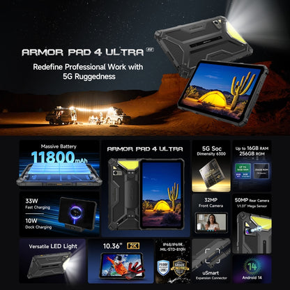 Ulefone Armor Pad 4 Ultra Rugged Tablet PC, 8GB+256GB, 10.36 inch Android 14 MediaTek Dimensity 6300 Octa Core 5G Network, EU Plug(Black) - Other by Ulefone | Online Shopping South Africa | PMC Jewellery | Buy Now Pay Later Mobicred