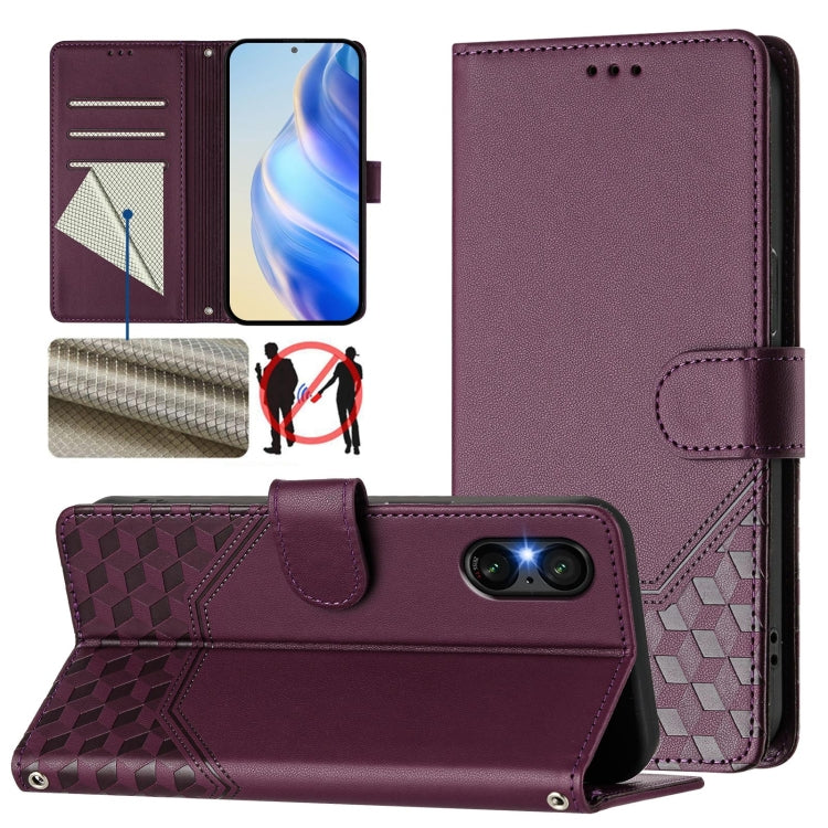 For Sony Xperia 5 VI 2024 Honeycomb Embossing RFID Leather Phone Case(Violet) - Sony Cases by PMC Jewellery | Online Shopping South Africa | PMC Jewellery | Buy Now Pay Later Mobicred