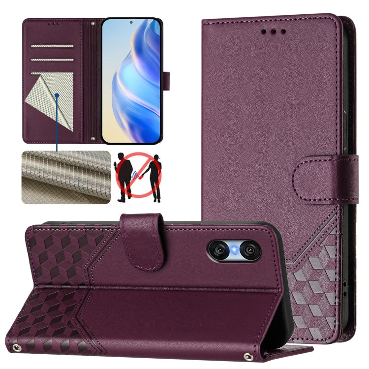 For Sony Xperia 10 VI 2024 Honeycomb Embossing RFID Leather Phone Case(Violet) - Sony Cases by PMC Jewellery | Online Shopping South Africa | PMC Jewellery | Buy Now Pay Later Mobicred