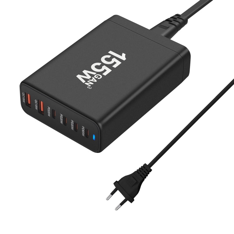 155W 4Type-C, 2USB 6-Ports Desktop Fast Charger, Plug Type:EU Plug(Black) - Multifunction Charger by PMC Jewellery | Online Shopping South Africa | PMC Jewellery | Buy Now Pay Later Mobicred