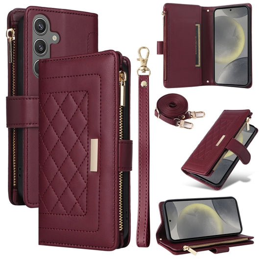 For Samsung Galaxy S24 5G Crossbody Zipper Wallet Rhombus Leather Phone Case(Wine Red) - Galaxy S24 5G Cases by PMC Jewellery | Online Shopping South Africa | PMC Jewellery | Buy Now Pay Later Mobicred