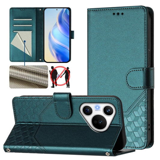 For Huawei Pura 70 Honeycomb Embossing RFID Leather Phone Case(Peacock Green) - Huawei Cases by PMC Jewellery | Online Shopping South Africa | PMC Jewellery | Buy Now Pay Later Mobicred