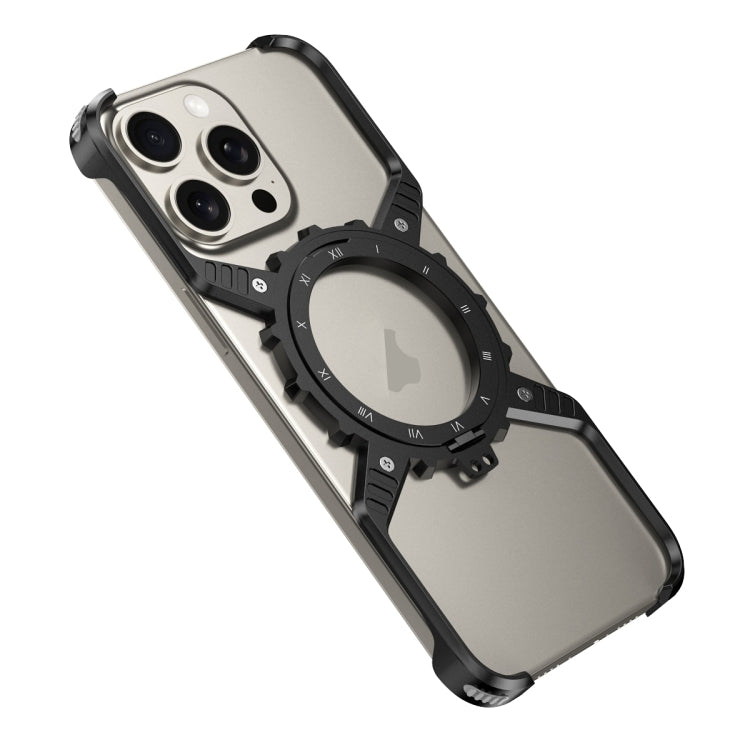 For iPhone 16 Pro Mechanical Gear MagSafe Holder Borderless Metal Phone Case(Black) - iPhone 16 Pro Cases by PMC Jewellery | Online Shopping South Africa | PMC Jewellery | Buy Now Pay Later Mobicred